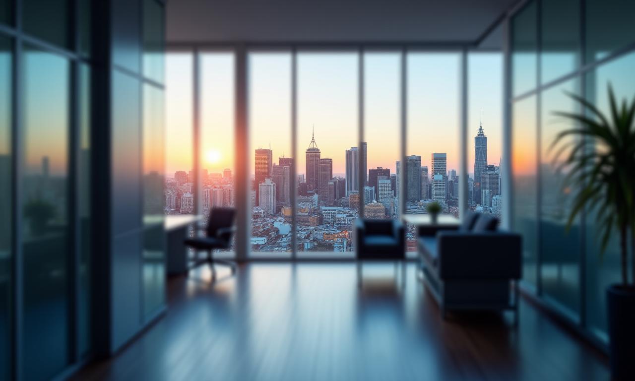 A modern Melbourne office interior with a view of the city skyline, representing a professional business environment.