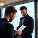 Two professionals in discussion with charts.
